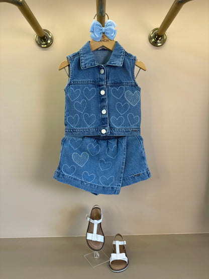 Conjunto Infantil Colete e Shorts Jeans Corações Strass - Momi