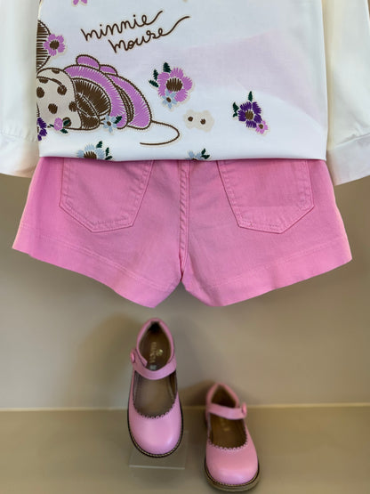 Conjunto Infantil Camisa Minnie Flores e Shorts-saia Sarja Rosa Girly - Animê Petite