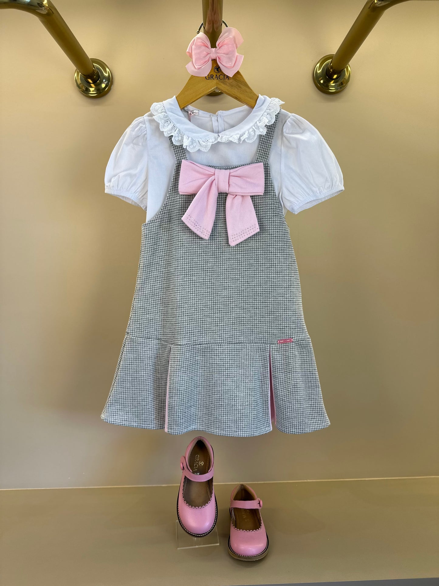 Salopete Infantil Pied Poule Laço com Camisa Gola Babadinho Branca  - Gabriela Aquarela
