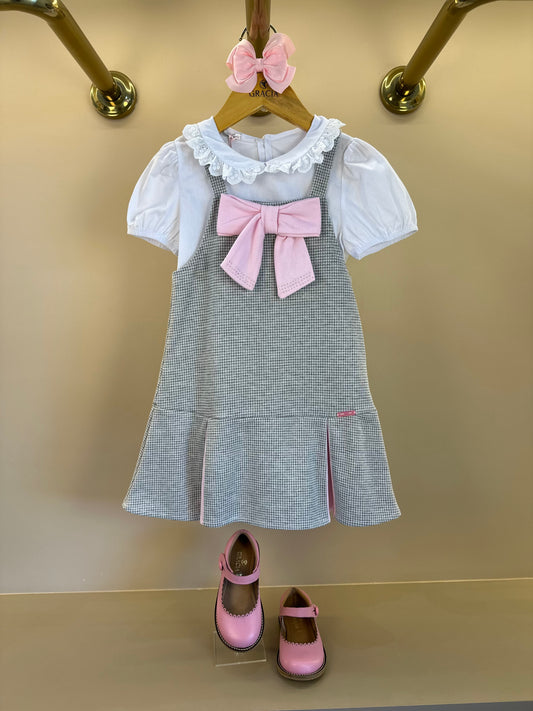 Salopete Infantil Pied Poule Laço com Camisa Gola Babadinho Branca  - Gabriela Aquarela