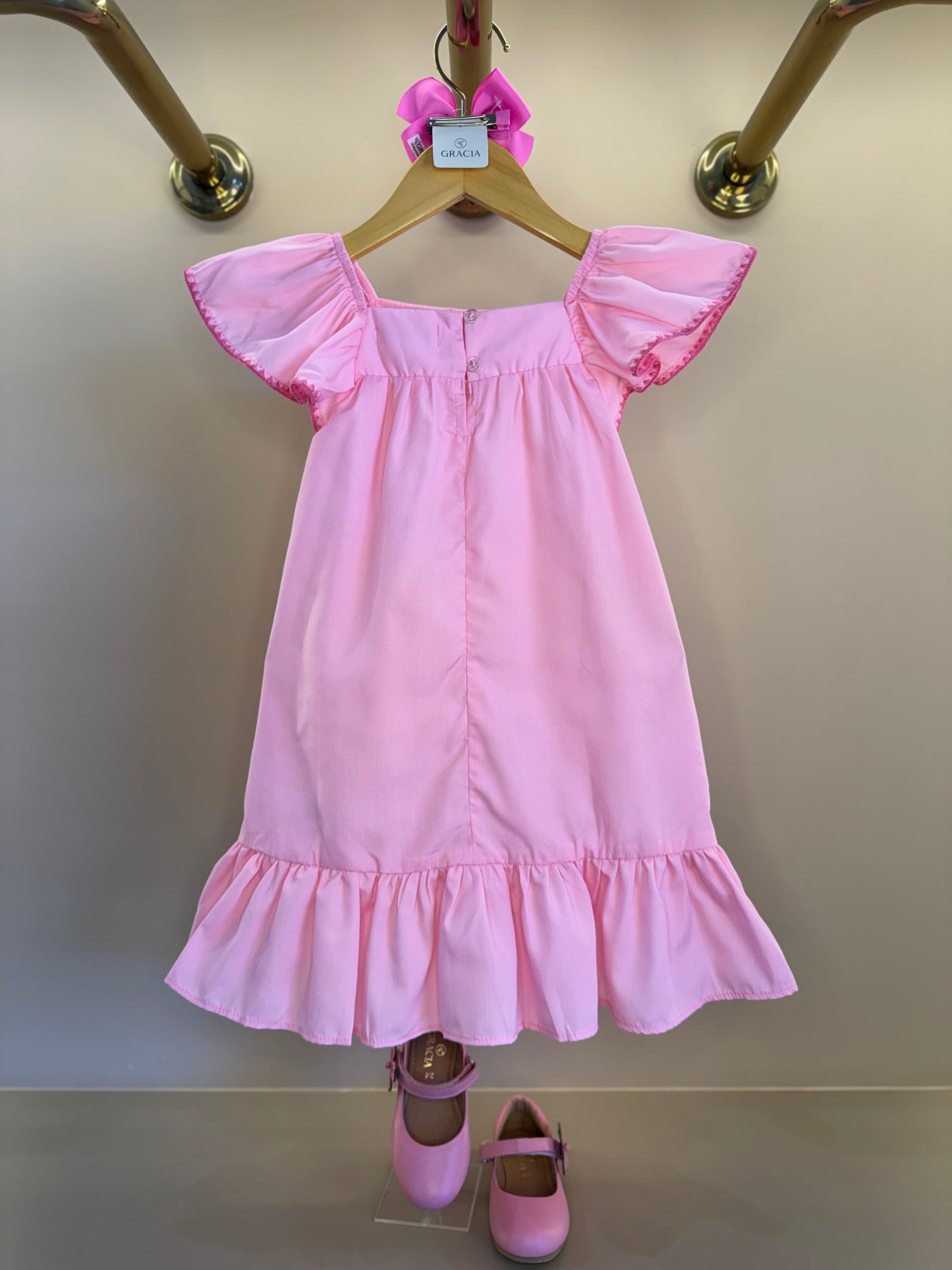 Vestido Infantil Amplo Rosa Bordadinhos Flores Busto - Mon Sucré
