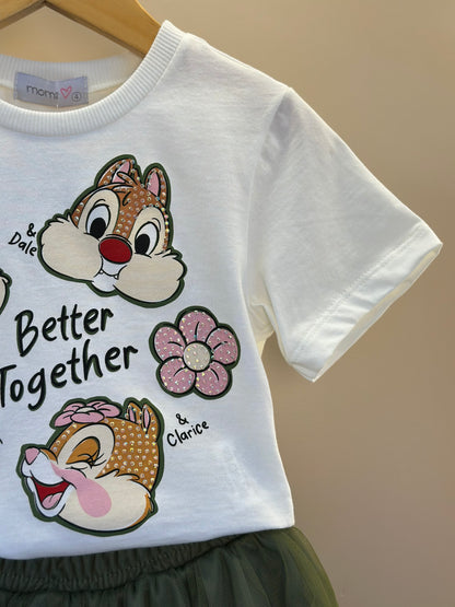Conjunto Infantil Blusa Tico e Teco Better Together Strass Pérola e Saia Tule Verde Musgo - Momi