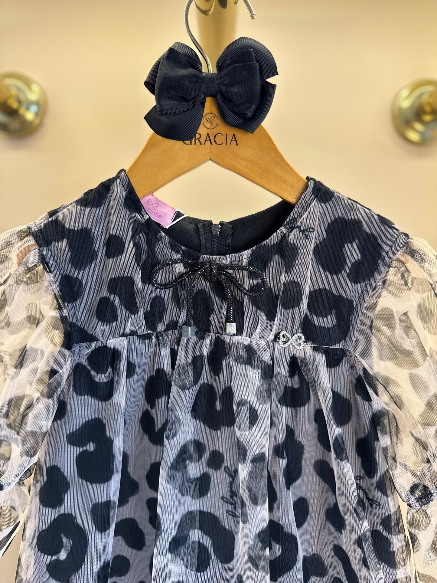 Vestido Infantil Rodado Tule Esclusivo Animal Print Aplicação Laço Strass - Luluzinha
