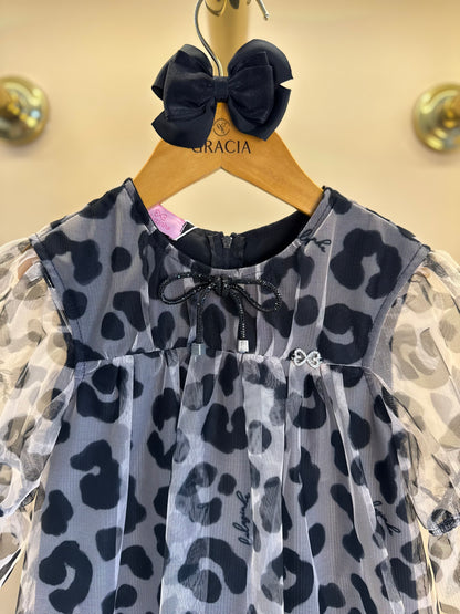 Vestido Infantil Rodado Tule Esclusivo Animal Print Aplicação Laço Strass - Luluzinha