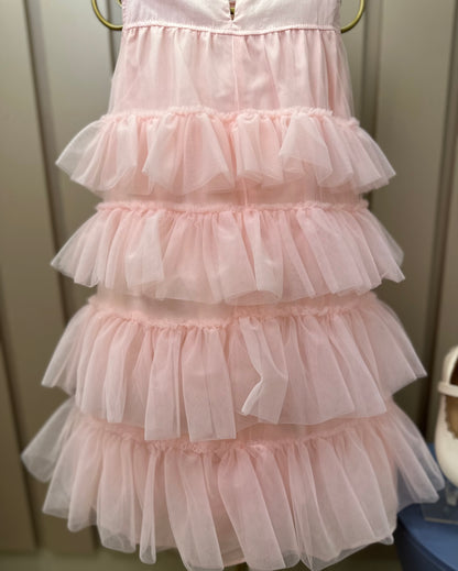 Vestido Infantil Tule Camadas Babados Laço Rosa Fada - Pituchinhus