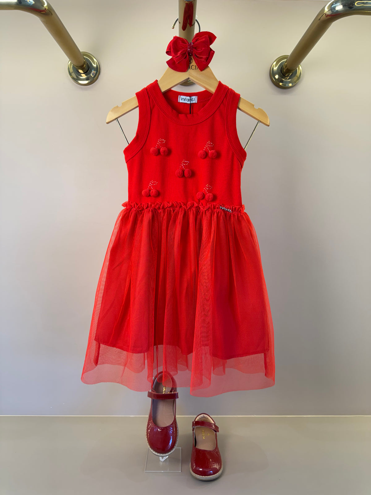 Vestido Infantil Liz Vermelho Com Cereja e Saia Em Tule - Infanti
