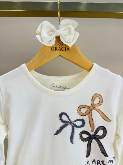 Conjunto Infantil Blusa Off White Estampa Laços E Legging Tricot Xadrez Marrom -  Pituchinhus