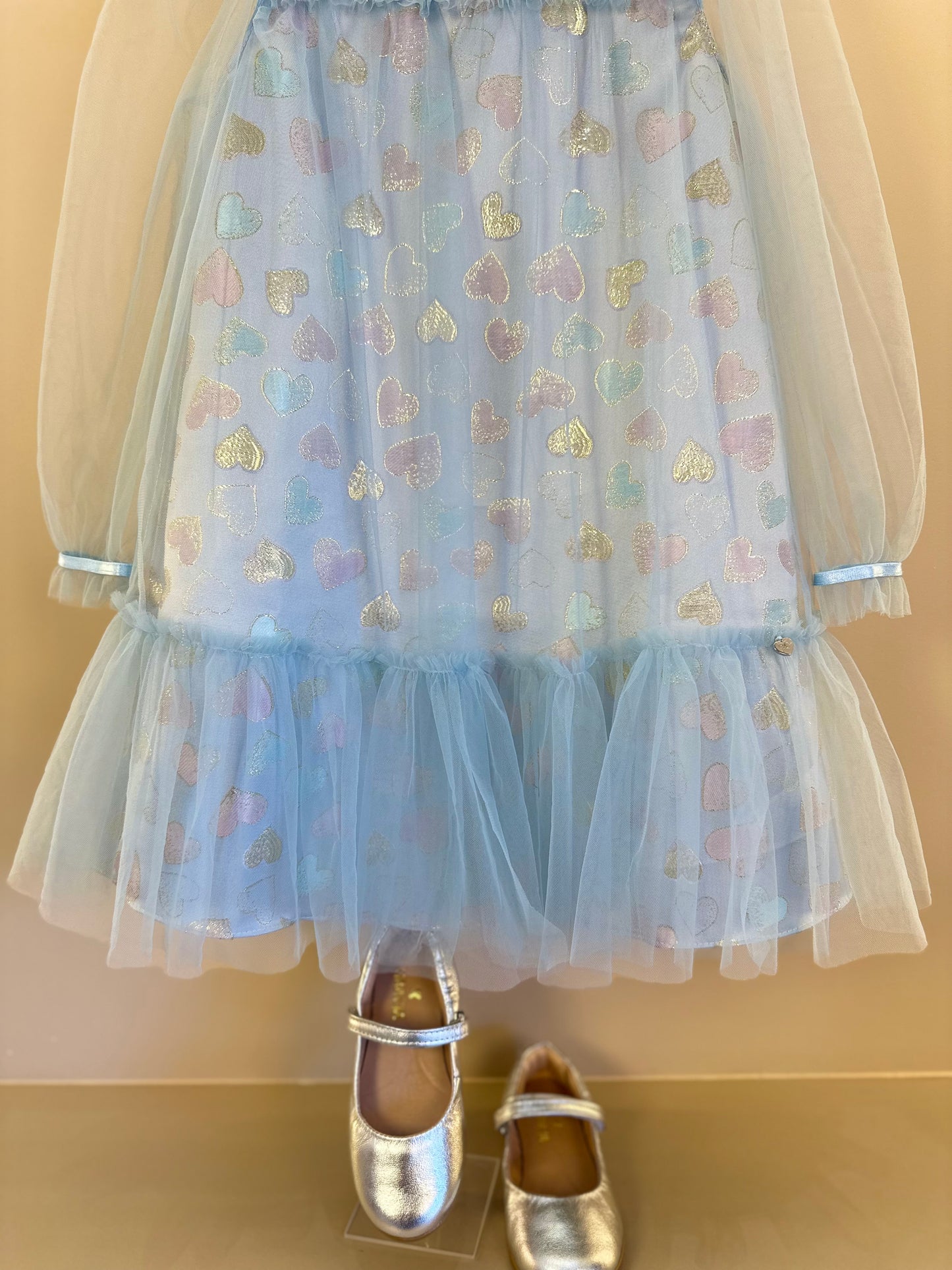 Vestido Infantil Trapézio ML Tule Jacquard Corações Azul - Petit Cherie