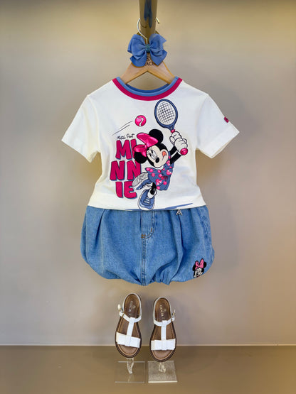 Conjunto Infantil Blusa Minnie Tennista Gola Rosa e Azul e Saia Jeans Elástico Style Minnie - Animê