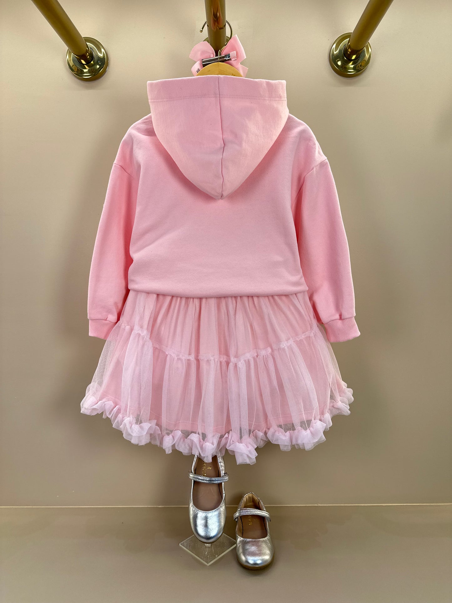 Conjunto Infantil Casaco Minnie Strass Laço e Saia Tule Babado Rosa Soft - Animê Petite