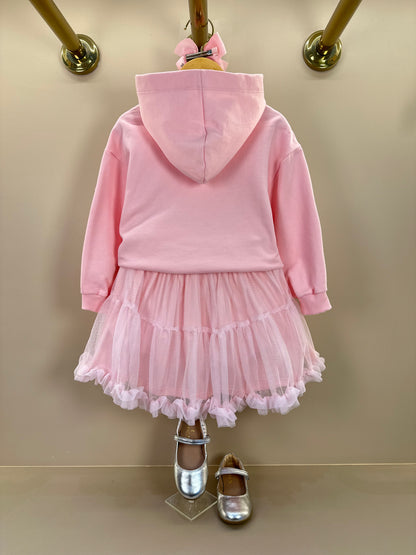 Conjunto Infantil Casaco Minnie Strass Laço e Saia Tule Babado Rosa Soft - Animê Petite