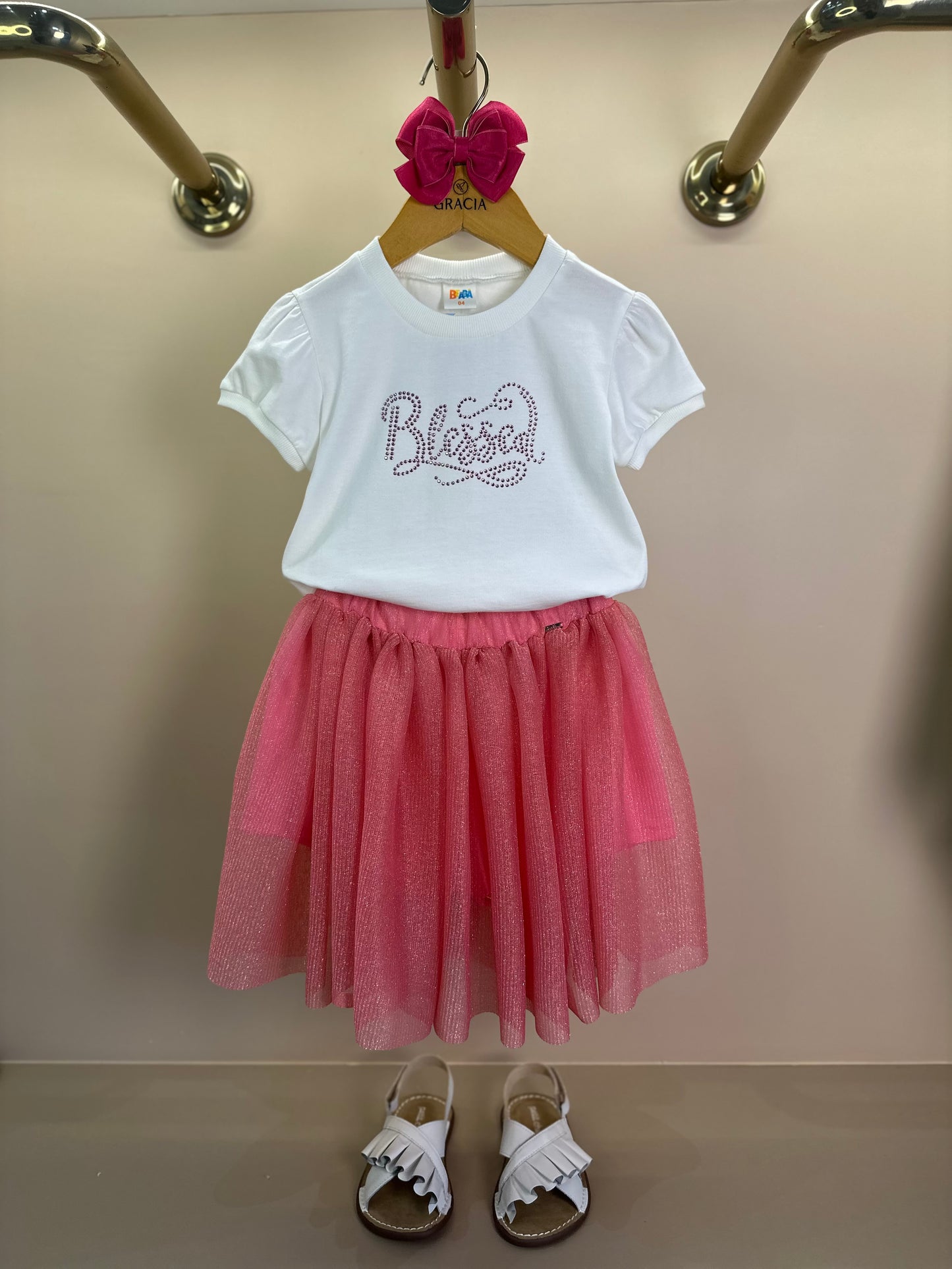 Conjunto Infantil Blusa Algodão e Saia Tule Coral - Beabá