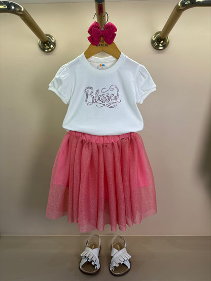 Conjunto Infantil Blusa Algodão e Saia Tule Coral - Beabá