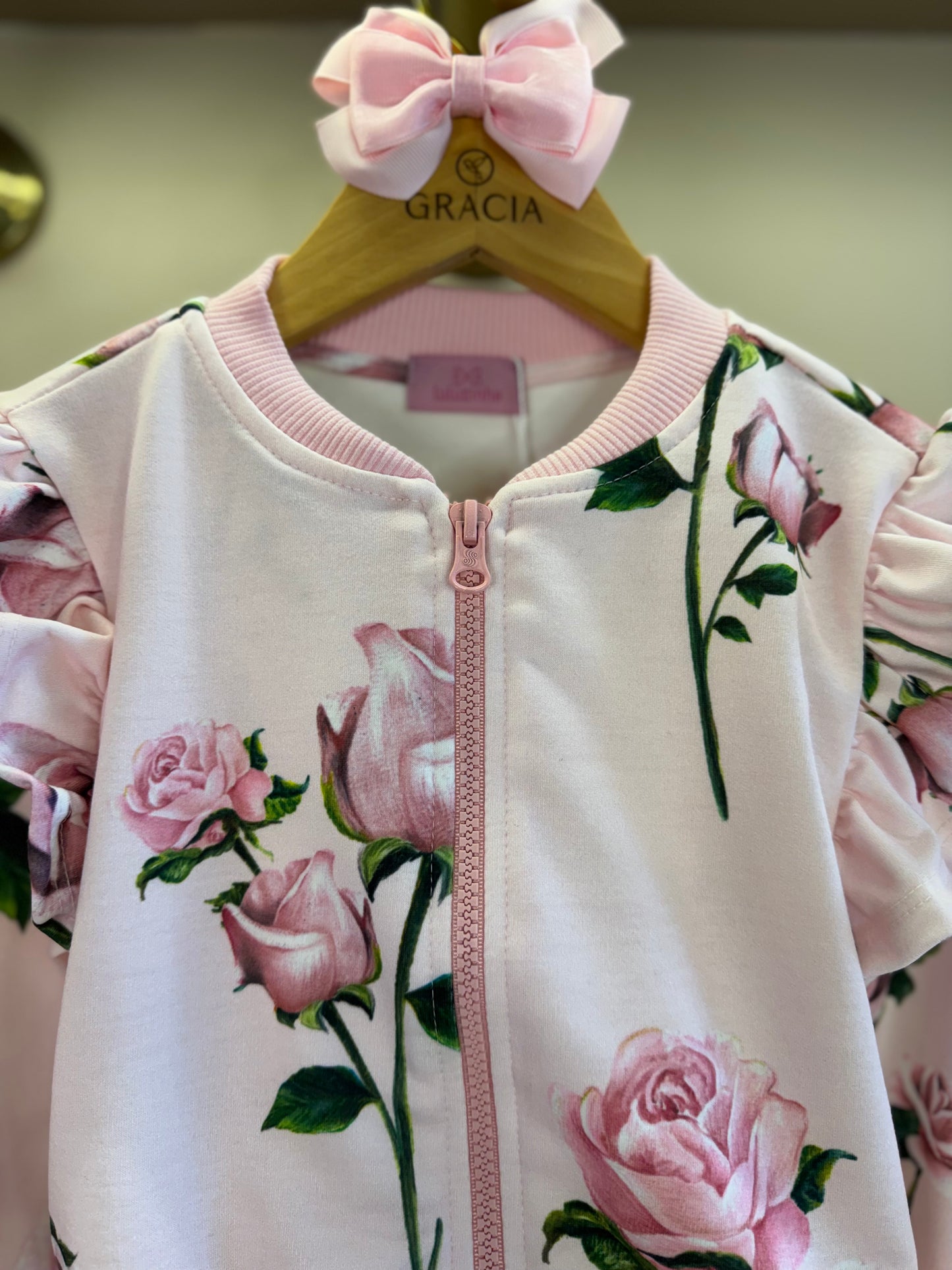 Conjunto Infantil Casaco Moletom Floral Babados e Calça Wide Leg Lateral Glitter Rosa - Luluzinha