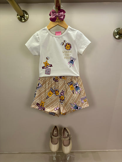 Conjunto Infantil Blusa MC Branca Pooh e Shorts Bege Vanilla - Momi