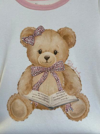 Conjunto Infantil Blusa Ursinho e Laço Nas Costas e Calça Pantacourt Algodão Estampa Ursinhos - Pituchinhus