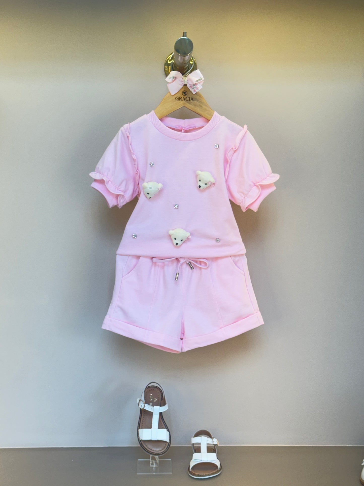 Conjunto Infantil Blusa e Short Comfy com Ursinhos Rosa - Gabriela Aquarela