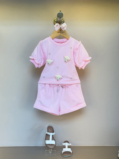 Conjunto Infantil Blusa e Short Comfy com Ursinhos Rosa - Gabriela Aquarela