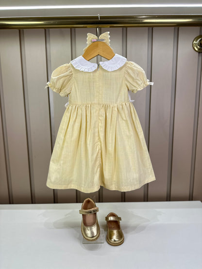 Vestido Infantil Clássico Algodão Golinha e Busto Brancos Bordados Amarelo - Roana