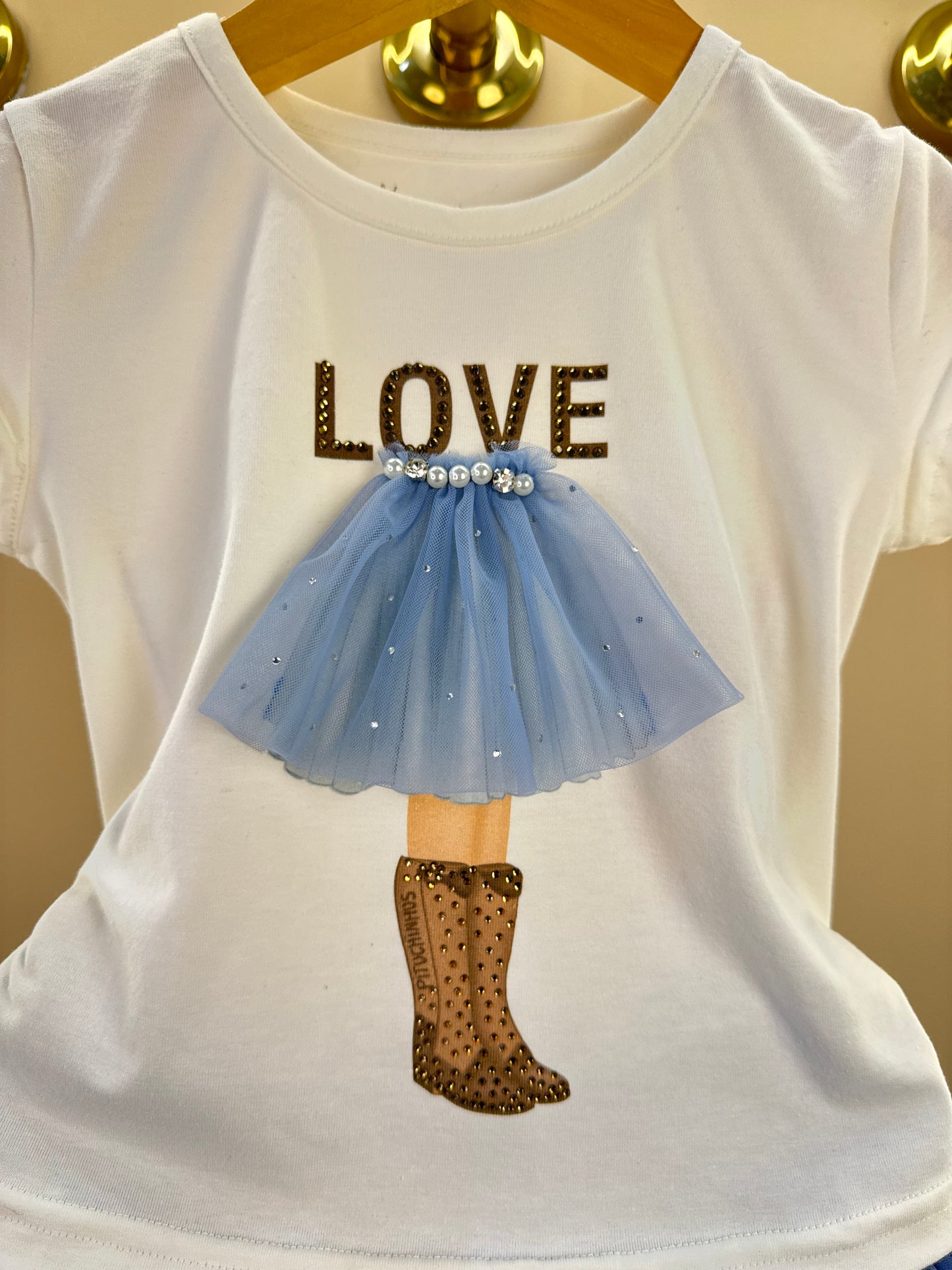 Conjunto Infantil Blusa Cotton Off White Love E Saia Tule Azul Fru-Fru - Pituchinhus