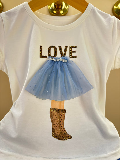 Conjunto Infantil Blusa Cotton Off White Love E Saia Tule Azul Fru-Fru - Pituchinhus