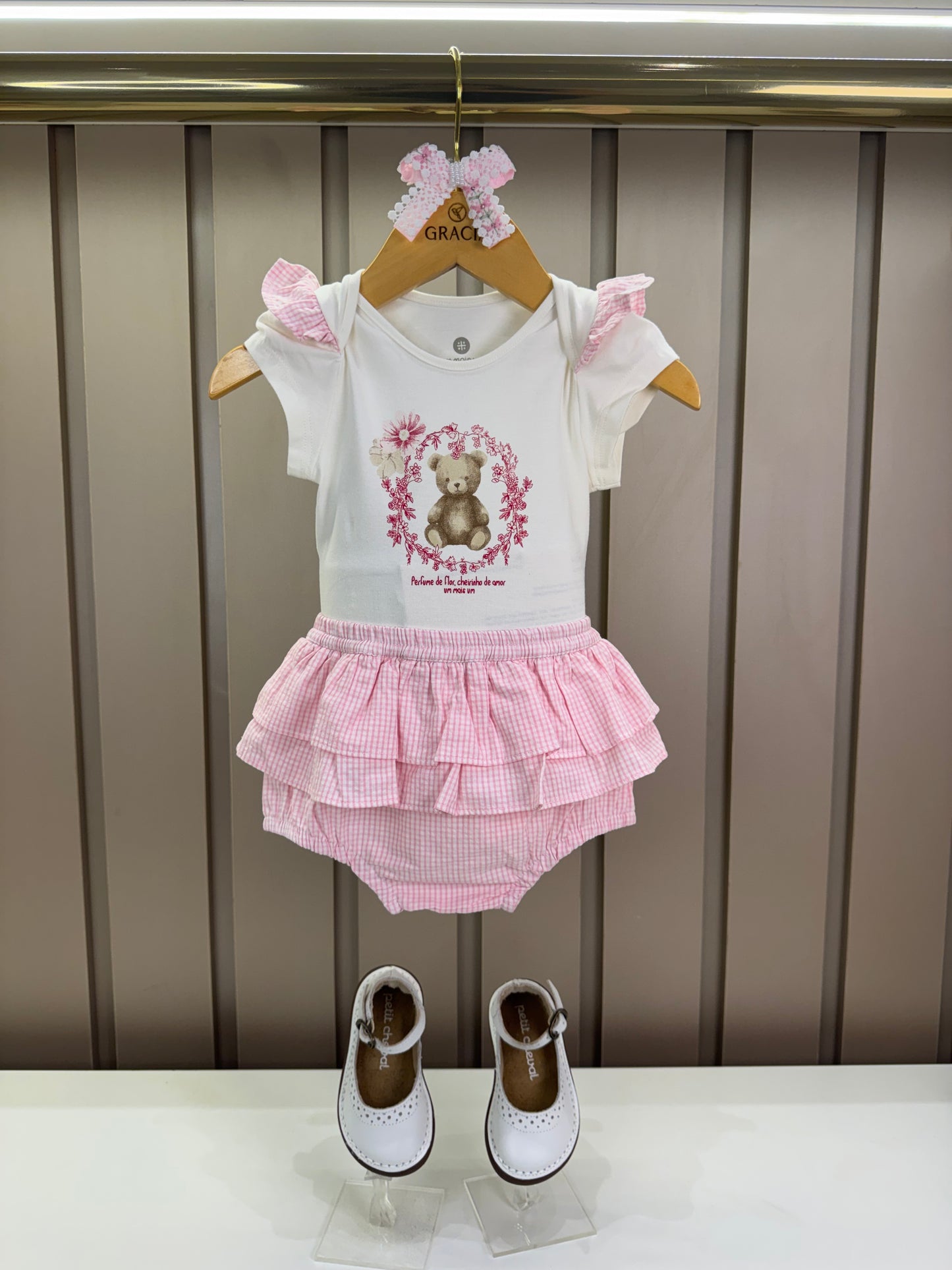 Conjunto Bebê Body Com Estampa Ursinho E Calcinha Fofa Tricoline Rosa - Um Mais Um