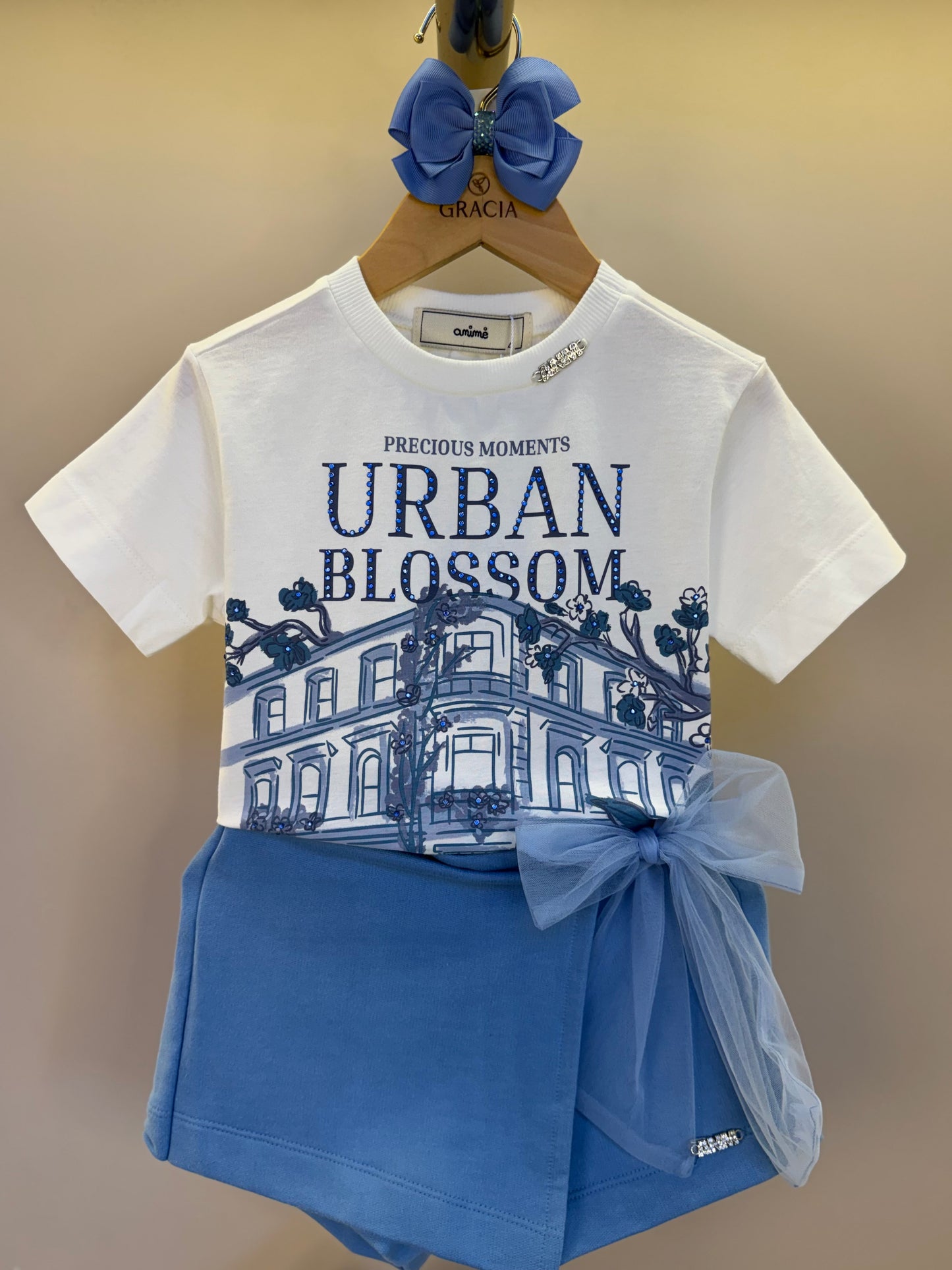 Conjunto Infantil Blusa Urban Blossom e Shorts Azul Laço Tule - Animê