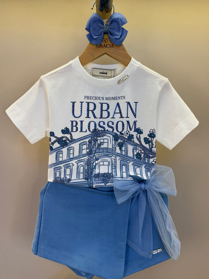 Conjunto Infantil Blusa Urban Blossom e Shorts Azul Laço Tule - Animê