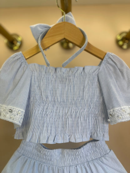 Conjunto Infantil Blusa e Shorts Algodão Listrado Renda Bordada - Pituchinhus