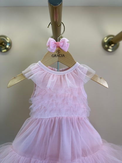 Vestido Bebê Princesa Tule Babado Frufru com Calcinha Rosa Gelado - Pituchinhus