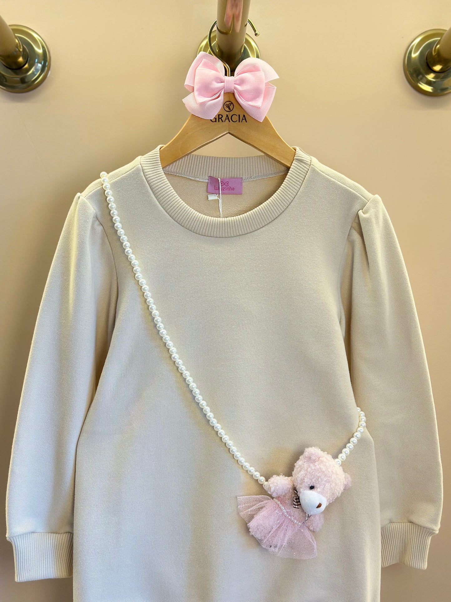Vestido Infantil Bomber Moletom Bege  Bolsinha Ursinha Pérolas - Luluzinha