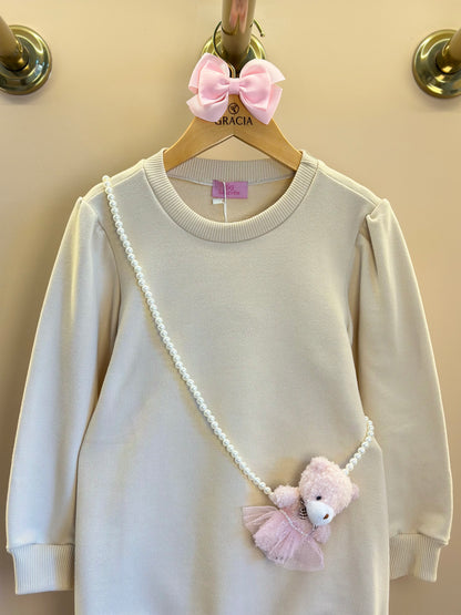 Vestido Infantil Bomber Moletom Bege  Bolsinha Ursinha Pérolas - Luluzinha