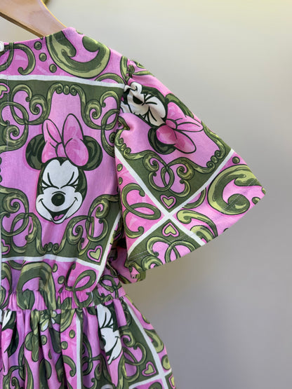 Vestido Infantil Algodão Maxi Minnie Barrado Rosa e Verde Forest - Animê