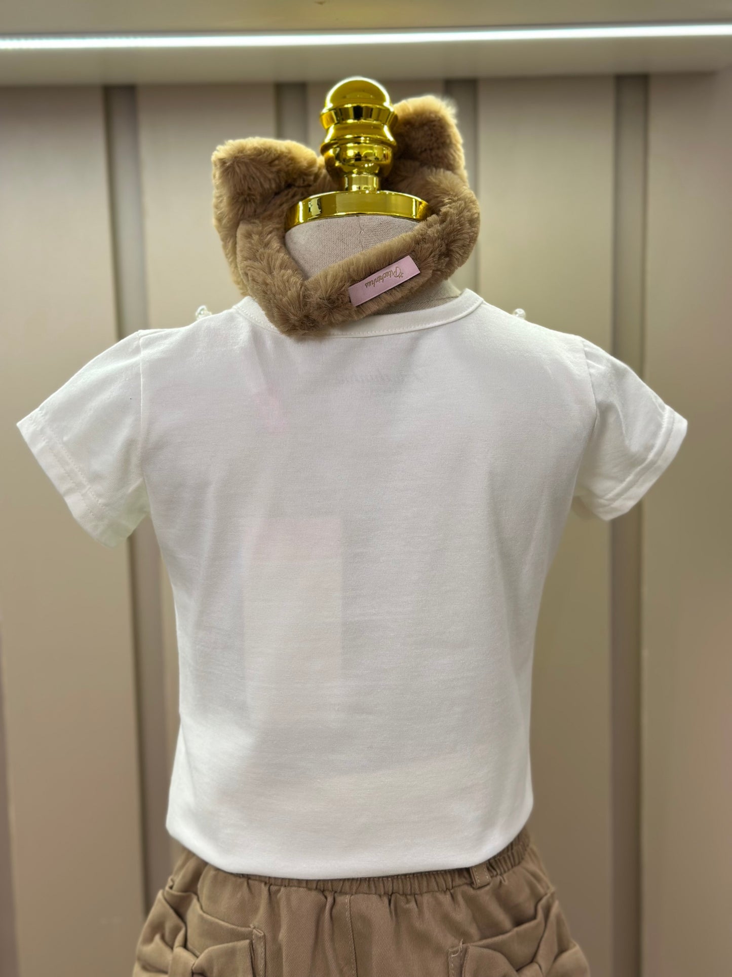 Conjunto Infantil Blusa Algodão Cotton Ursinha Colar Bordado e Calça Sarja Bolsos Laço Bege Escuro - Pituchinhus
