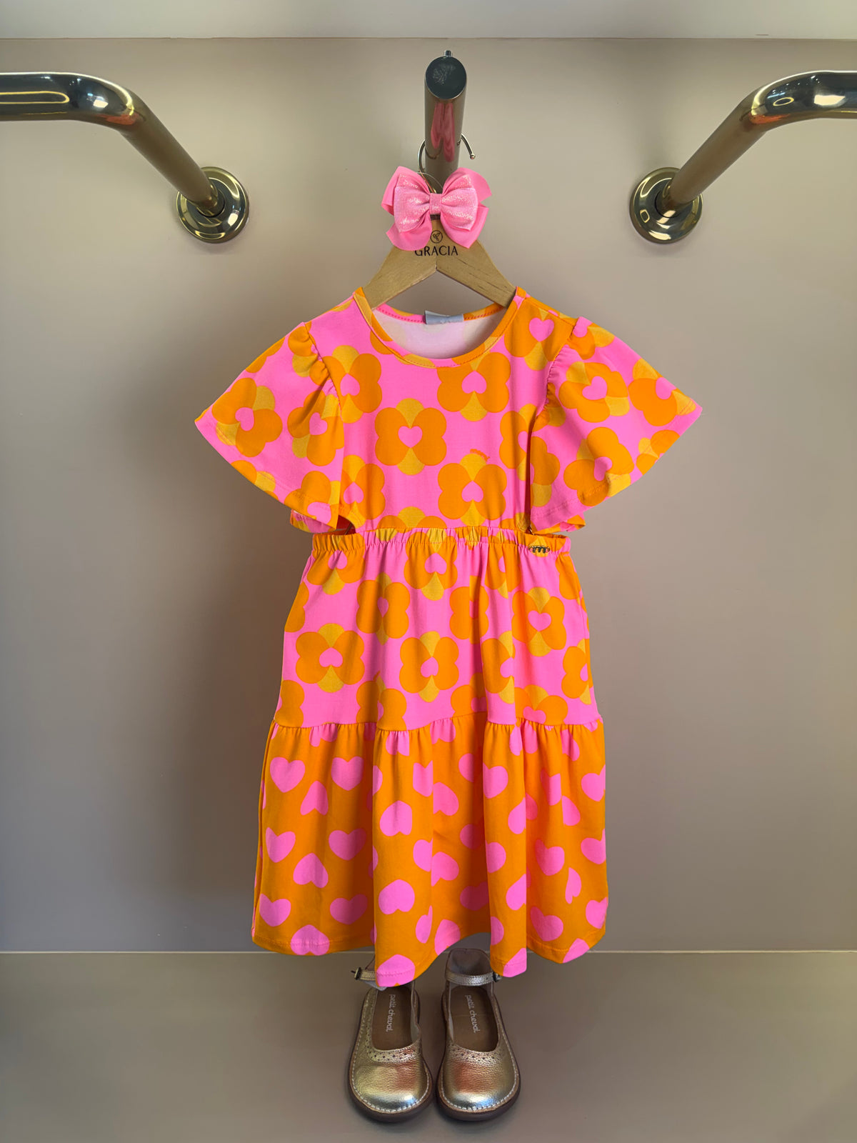 Vestido Infantil Laranja Floral com Saia em Camadas - Momi