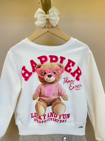 Conjunto Infantil Blusa Moletom Urso Óculos e Shorts Sarja com Botões - Momi