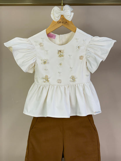 Conjunto Infantil Bata Bordada À Mão e Calça Alfaiataria Terracota - Luluzinha