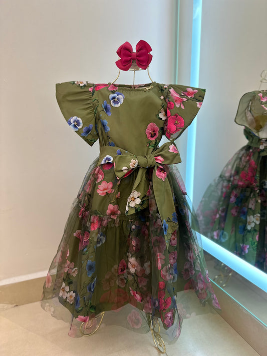 Vestido Infantil Conceito Tule Floral Bordado Verde Forest - Animê