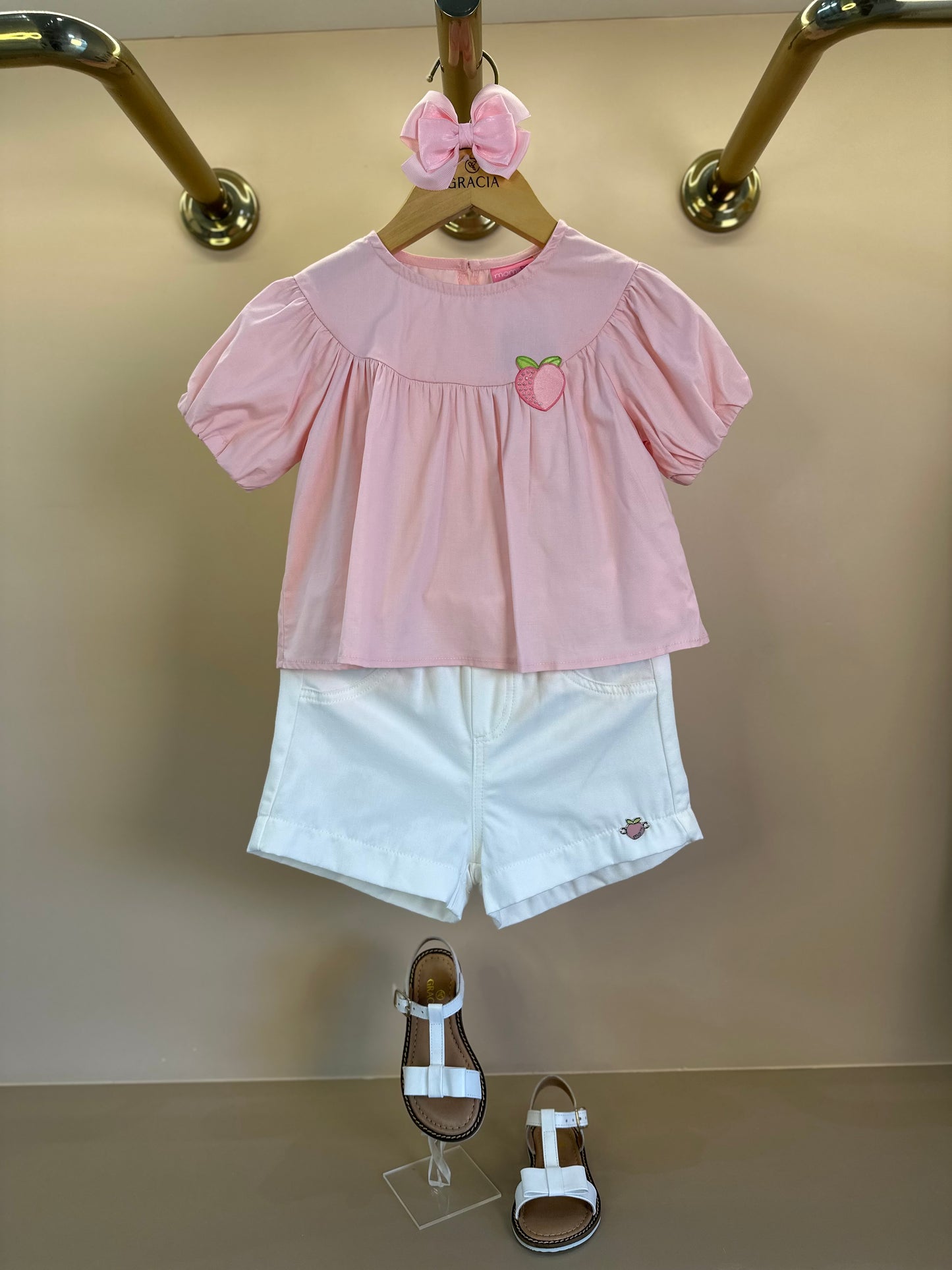 Conjunto Infantil Blusa Rosa Cristal Bordada e Shorts Off - Momi