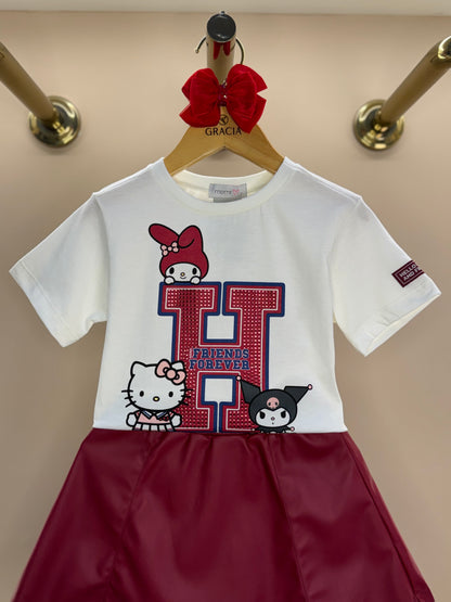 Conjunto Infantil Blusa Hello Kitty Strass e Saia Infantil Couro Tech Recortes Cramberry - Momi