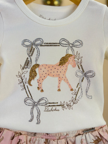 Conjunto Infantil Blusa Rib Moldura Cavalinho Cristal Off White e Shorts Cavalinhos Rosa - Pituchinhus