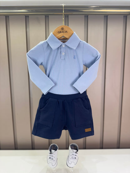 Conjunto Bebê Polo-Body Piquet Algodão ML Azul e Bermuda Moletom Algodão Profundo - Dame