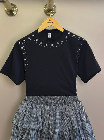 Conjunto Teen Camiseta Oversized e Saia Tule Lurex Plissada Preto - Two In