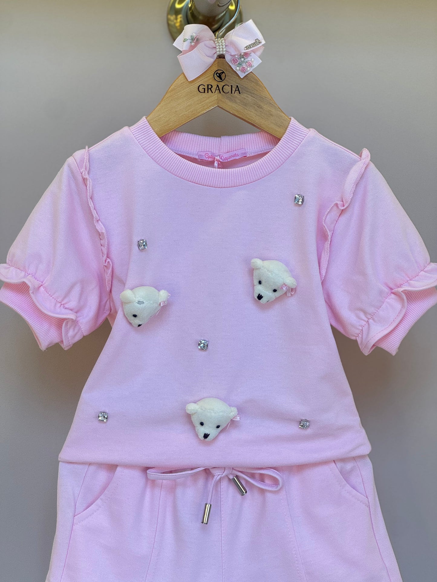 Conjunto Infantil Blusa e Short Comfy com Ursinhos Rosa - Gabriela Aquarela