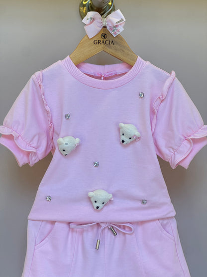 Conjunto Infantil Blusa e Short Comfy com Ursinhos Rosa - Gabriela Aquarela