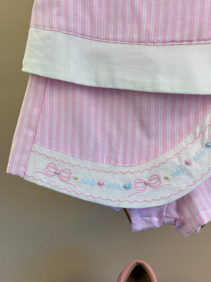 Conjunto Infantil Blusa Laço Pérolas e Shorts Saia Rosa Listrado - Petit Cherie