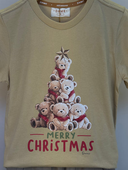 Conjunto Infantil Camiseta Algodão Teddy Natal e Bermuda Suedine Elastano Bolsos - Dame