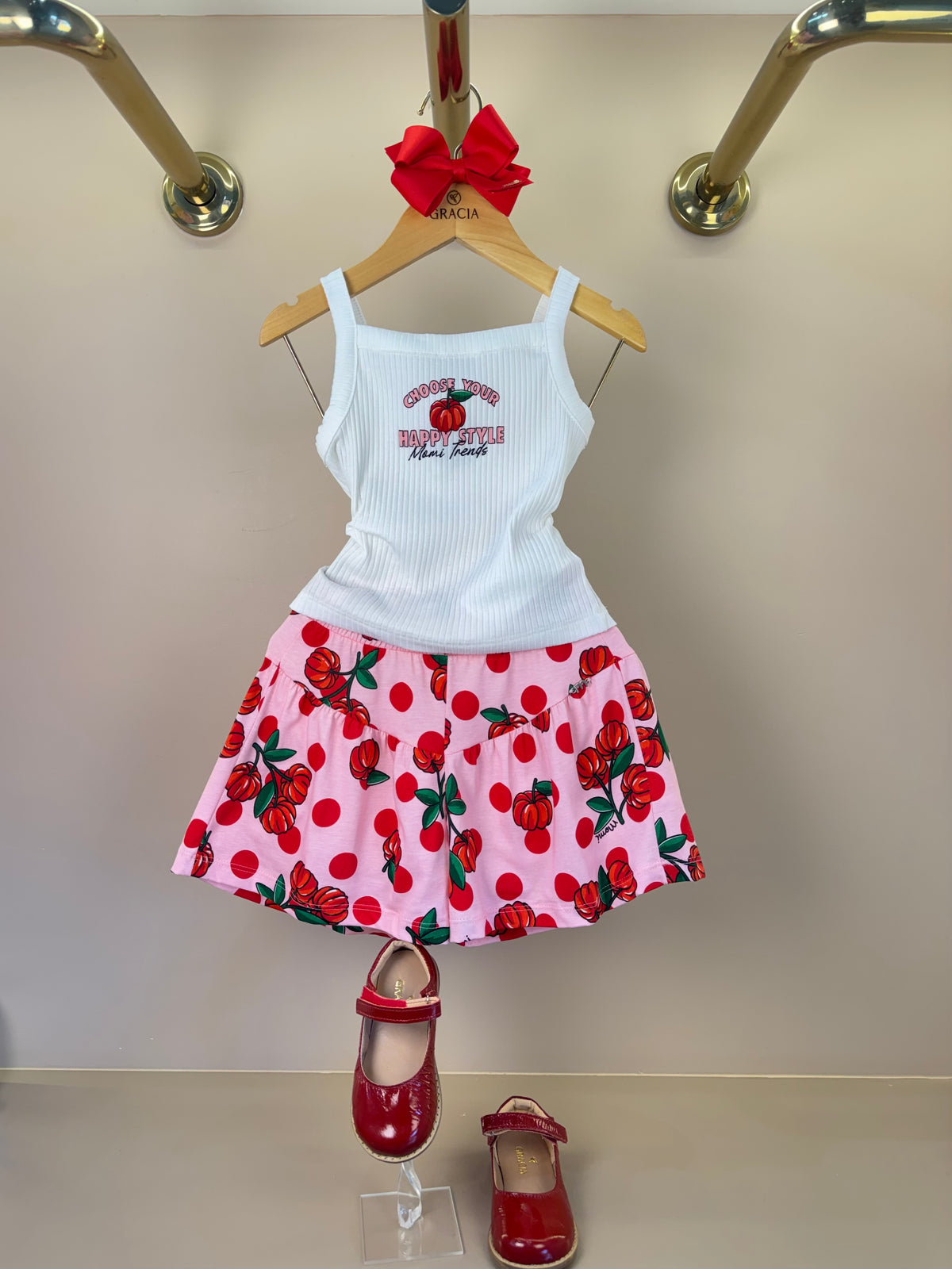 Conjunto Infantil Regata e Shorts Estampa Cherry Floral Off White - Momi