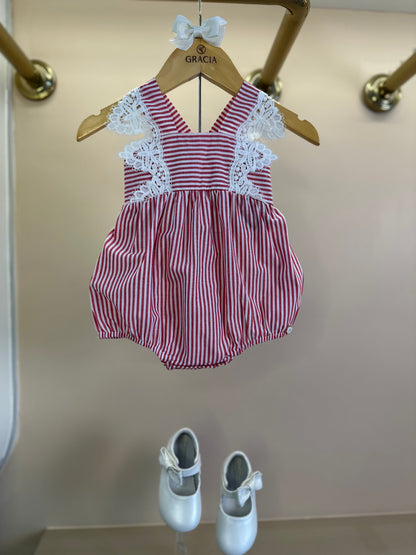 Romper Bebê Fofinho Balonê Algodão Listrado Vermelho -  Um Mais Um