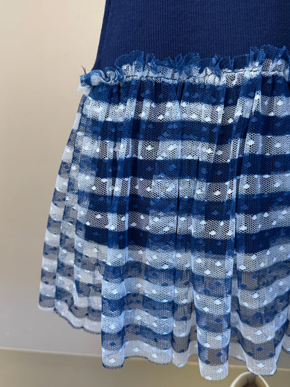 Vestido Infantil Tule Estampado Com Aplicação de Crochê e Laço de Vies - Luluzinha